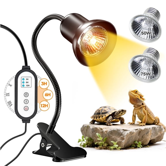 Reptile Heat Lamp with Clamp UVA UVB Light Timer, 2 Bulbs 50W+75W