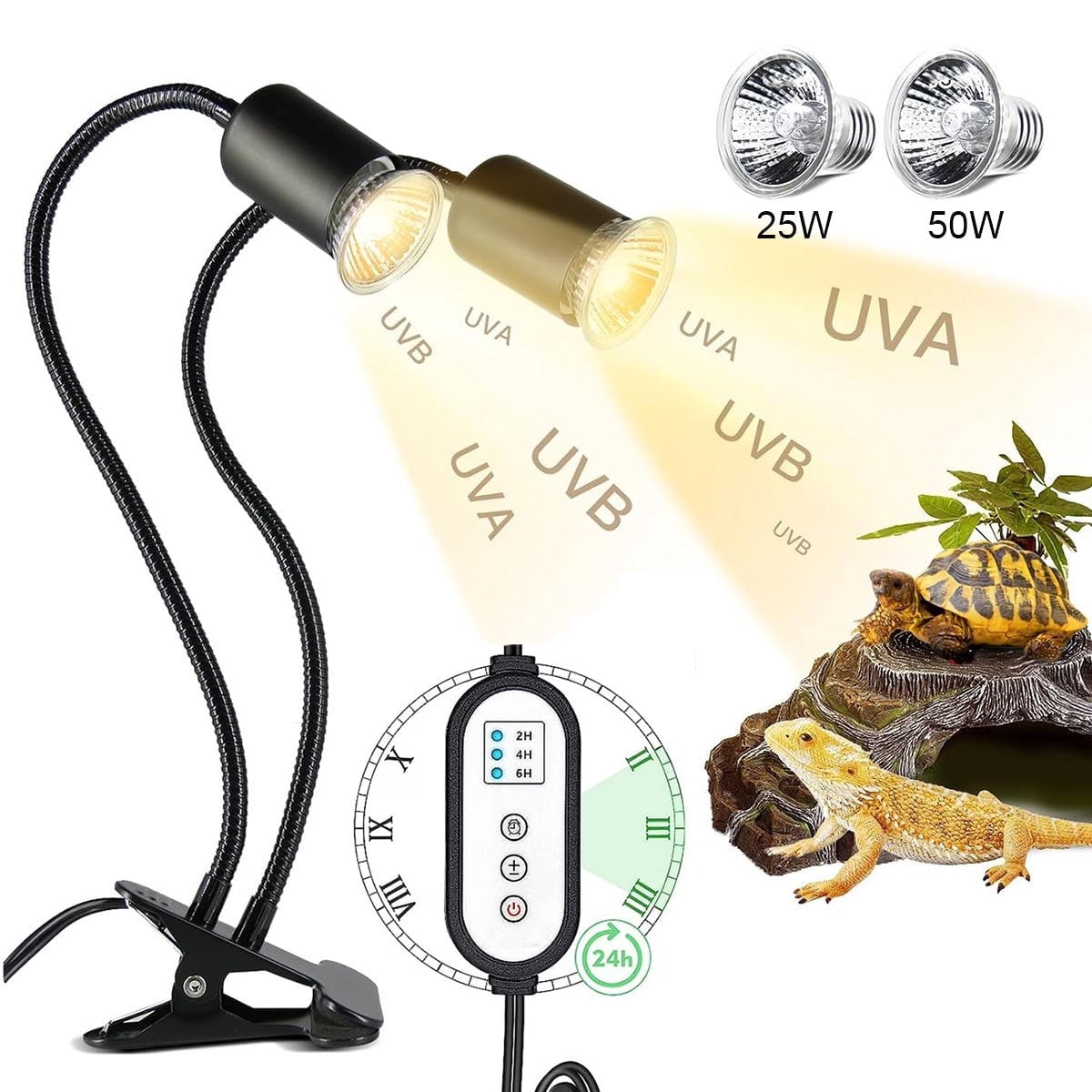 Reptile Heat Lamp with Dual UVA UVB, 360° Dimmable Heating Light for Turtle Tank, Bearded Dragon, Lizard, Snake and Other Reptiles,with 2 bulbs