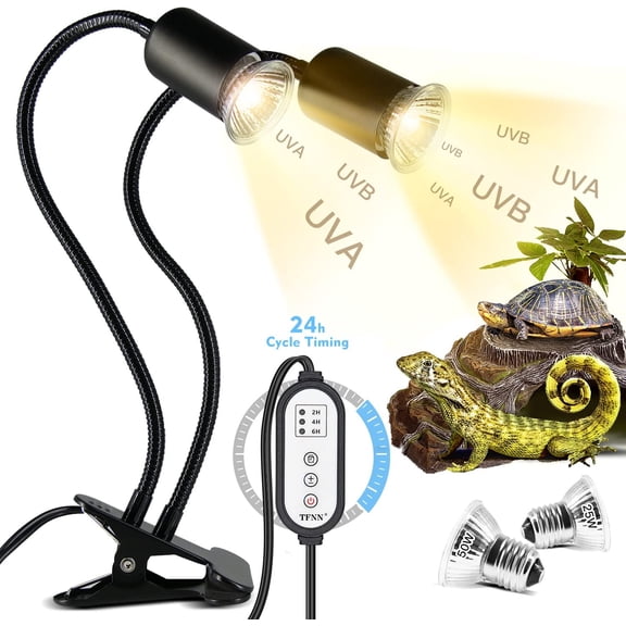 Reptile Heating Lamp With Clip Dual Head Heating Lamp Uva Uvb Reptile Lamp With Intelligent Cycle Timer Suitable For Turtles Whiskers Dragons Lizards And Other 2 Light Bulbs 25w+50w