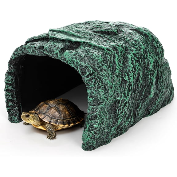 Reptile Hide Rock Cave, Resin Habitat Hidden for Terrarium and Aquarium Decor, Green Hideout Hide Cave Fit for Bearded Dragons, Lizards, Snakes, Geckos, Tortoises, Small Animals, Amphibians