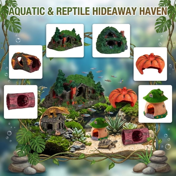 Reptile Hideout Cave for Aquarium and Terrarium, Turtle Hiding House and Basking Platform for Lizard Gecko, Resin Fish Tank Landscaping Ornament Decor, Natural Forest Retreat