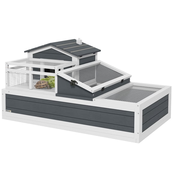 Reptile House 2-Tier Turtle Enclosure, Gray Fir Wood and Galvanized Mesh Outdoor Habitat for Garden or Balcony, 17.32 x 10.04 x 9.17 in