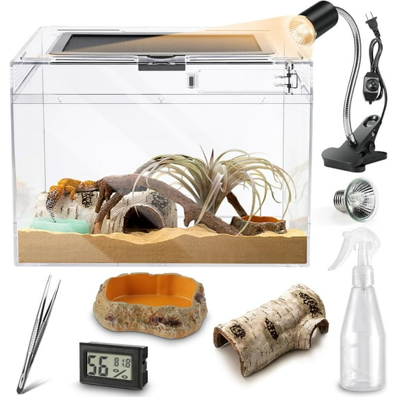 Reptile PC Terrarium, Breakage 19.5x9.4x10.5 in Amphibians Tank Starter Kits, Top Sliding Door Gecko Starter Screen Ventilation Mini Habitat Cages, Hygrometer Thermometer, Hide Cave, Tweezer