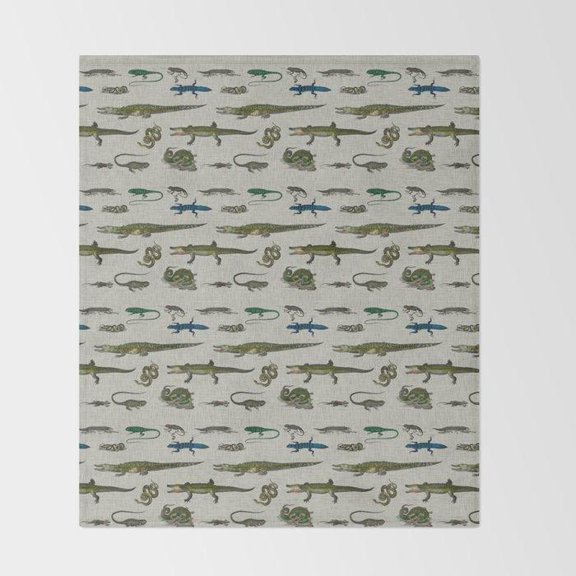 Reptile Pattern in Olive Green, Teal, Blue-Gray and Off-White Fleece Blanket, 280 GSM Polyester Fleece Fabric