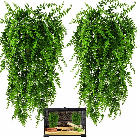 Reptile Plants 2 Pack, Terrarium Hanging Plants Vines Artificial Leaves Tank Habitat Decorations for Bearded Dragon Hermit Crab Lizard Snake Geckos Chameleon Spiders Frogs
