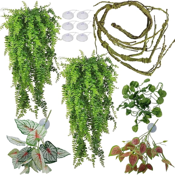 Reptile Plants for Bearded Dragon Tank Accessories, Terrarium Plant Artificial Decor for Snake Cage, Fake Plant for Leopard Gecko Habitat, Lizard Chameleon Ball Pythons (Group BN)