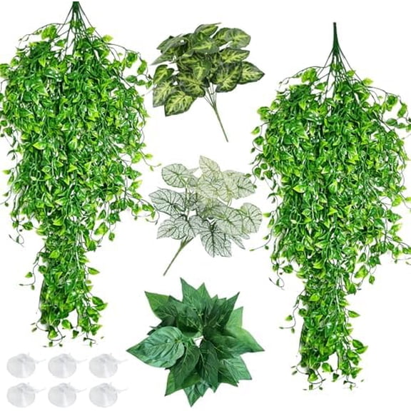 Reptile Plants Tank Habitat Decorations Fake Hanging Vines 5 Pcs Artificial Leaves Habitat Decorations with Suction Cup for Bearded Dragon, Leopard Gecko, Lizard, Chameleon, Snake (Green)