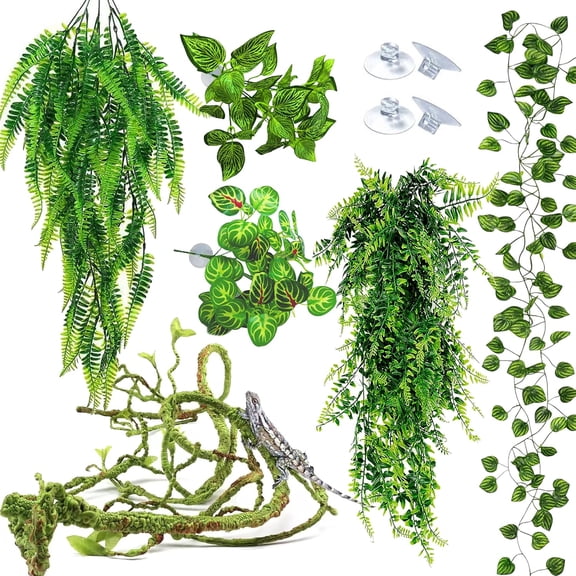 Reptile Plants for Terrarium Tank Bearded Dragon Tank Accessories, Artificial Hanging Plant Vines, Habitat Decor & Hide for Crested Gecko, Lizard, Snake, Chameleon and Ball Pythons(Group B)