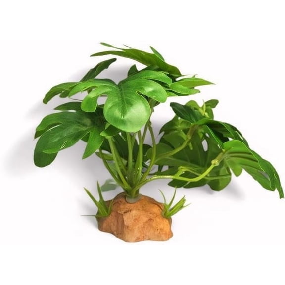 Reptile Plants for Terrarium, Amphibian Habitat Decor with Artificial Stone Base for Gecko Chameleon Snake Tortoise - Fake Monstera Deliciosa
