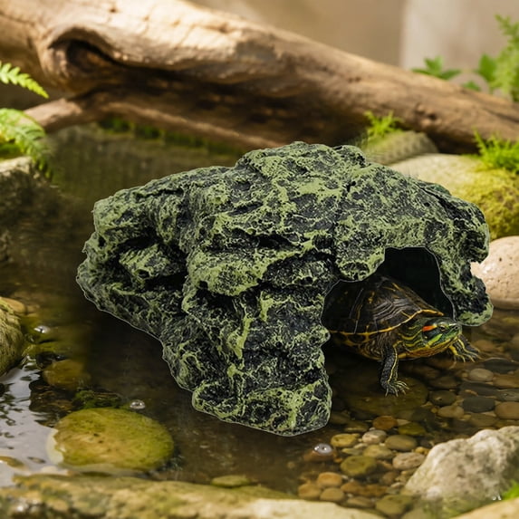 Reptile Rock Hide Cave Aquarium Habitat Decor Tortoise Hideout for Turtles Lizards Amphibians, Resin Cave Decoration for Fish Tank, Turtle Tank Accessories and Terrarium Decor