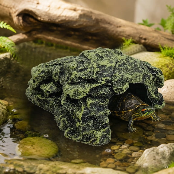 Reptile Rock Hide Cave Aquarium Habitat Decor Tortoise Hideout for Turtles Lizards Amphibians, Resin Cave Decoration for Fish Tank, Turtle Tank Accessories and Terrarium Decor