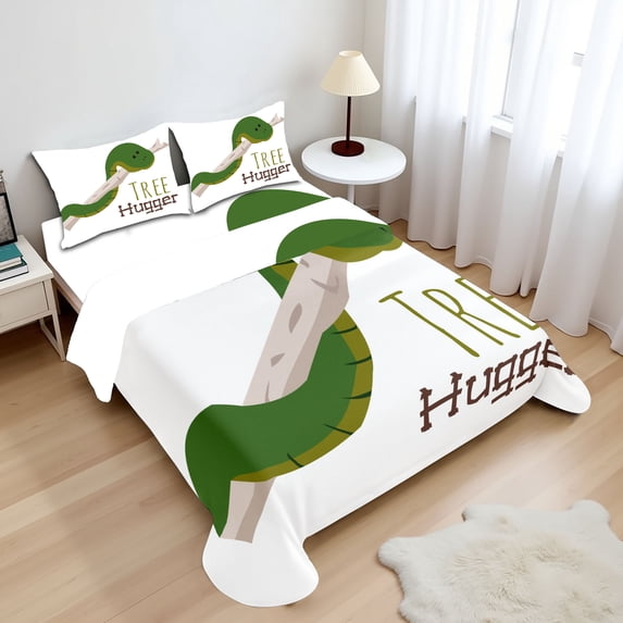 Ambesonne Funny Fitted & Top Sheet Set with Shams, Cartoon Snake Mascot Love, Green Navy Ecru