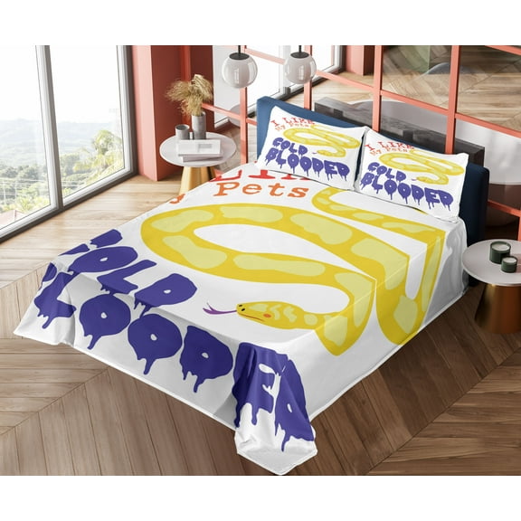 Ambesonne Reptile Fitted & Top Sheet Set with Shams, Majestic Snake in Wild, Purple Yellow Red