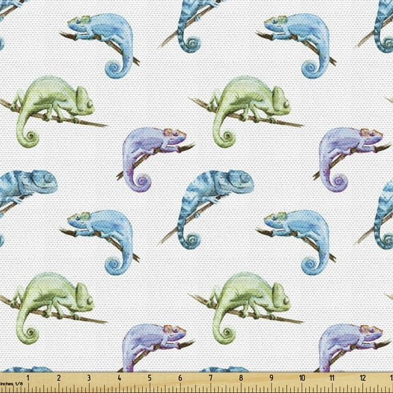Reptile Sofa Upholstery Fabric by the Yard, Watercolor Style Pattern with Chameleon Animals on Branches Exotic Forest Theme, Decorative Fabric for DIY Home Accents, 10 Yards, Multicolor by Ambesonne
