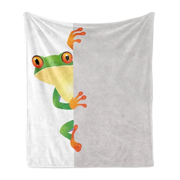 Reptile Soft Flannel Fleece Throw Blanket, Funky Frog Prince Big Eyes on Wall Camouflage Nursery Reptiles Theme, Cozy Plush for Indoor and Outdoor Use, 70" x 90", Green Yellow Orange, by Ambesonne