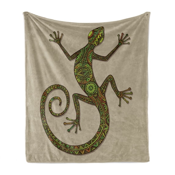 Reptile Soft Flannel Fleece Throw Blanket, Ornamental Colorful Lizard Patterns Moving Around Exotic Creature Theme, Cozy Plush for Indoor and Outdoor Use, 60" x 80", Green Tan, by Ambesonne