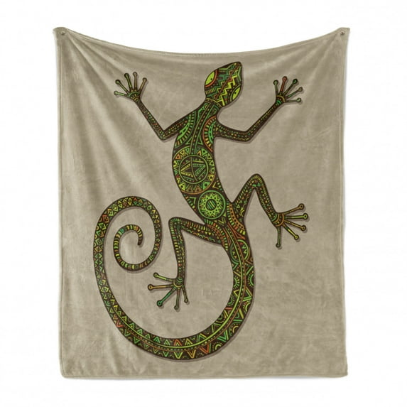 Reptile Soft Flannel Fleece Throw Blanket, Ornamental Colorful Lizard Patterns Moving Around Exotic Creature Theme, Cozy Plush for Indoor and Outdoor Use, 70" x 90", Green Tan, by Ambesonne