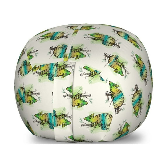 Reptile Storage Toy Bag Chair, Chameleons Pattern Lizards in Colorful Vibes Zoo Wildlife Tribal Creatures, Stuffed Animal Organizer Washable Bag, Large Size, Green and Eggshell, by Ambesonne
