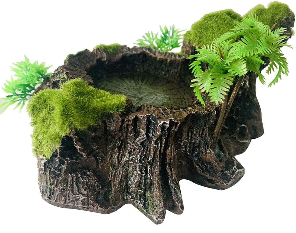 Reptile Tank Decor Resin Platform with Artificial Plants Water Dish Food Bowl Feeding Dish for Lizard Turtle Gecko Frog Snake Amphibian Crawling Platform