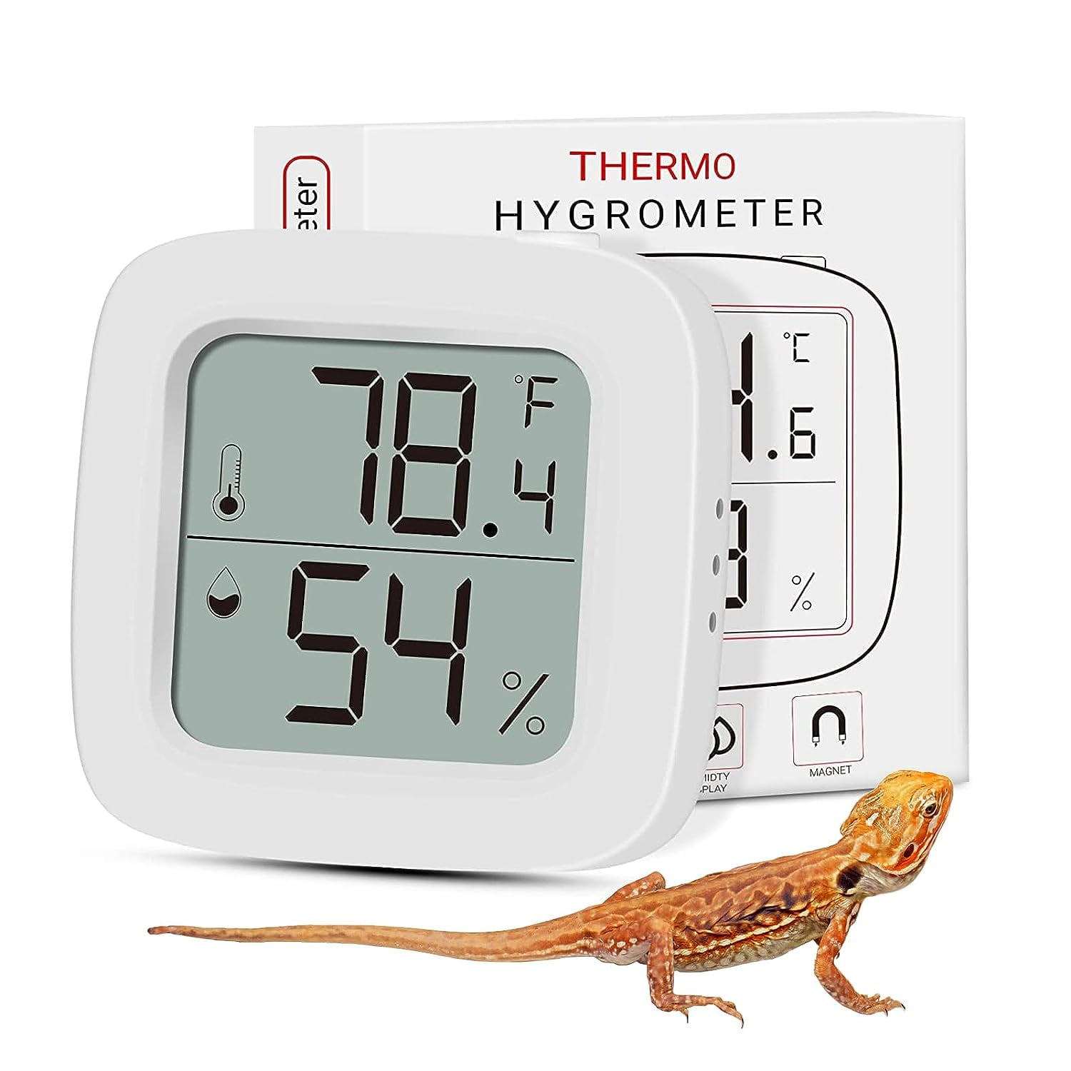 Reptile Tank Thermometer, High-Accuracy Digial Display Reptile Terrarium  Thermometer Hygrometer for Pet Rearing Box(White)