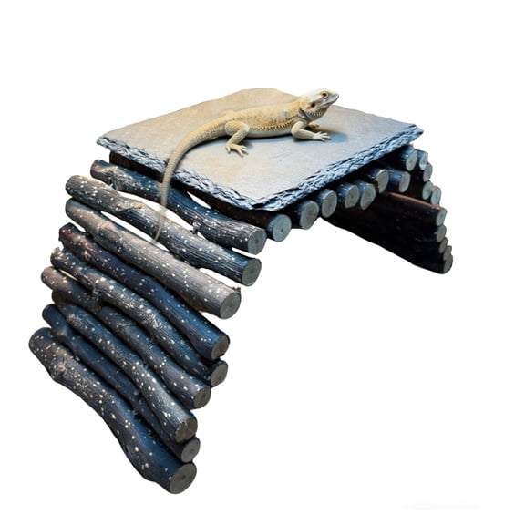 Reptile Terrarium Decor Rock Basking Platform and Wooden Climbing Bridge