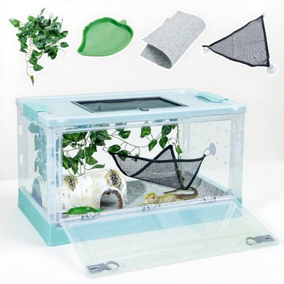 Reptile Terrarium Kit - Snake Terrarium & Bearded Dragon Tank with Clear Views Foldable Hermit Crab Cage, Lizard Tank & Crested Gecko Habitat Heat-Safe Iron Mesh Large Blue