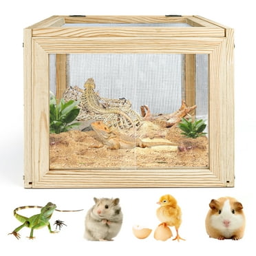 Reptile Terrarium, Reptile Habitat, Lizard Tank with Metal Mesh Roof, Wooden Small Animal Feeding Box for Bearded Dragon, Chameleons, Hamster 15.7" L x 11.8" W x 11.8" H
