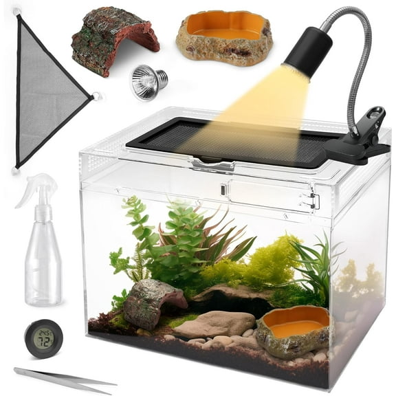 Reptile Terrarium Starter Kit,8 Piece Small Reptile Tank with Escape-Proof Locks,Mesh Top,Multi-Vent Compatible Habitat,Durable Clear PC,Easy-Clean Waterproof Base for Geckos,Frogs,Spiders Large