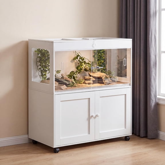 Reptile Terrarium Tank with Storage Cabinet, Lockable Sliding Door, Ventilated Mesh Top, 60 Gallon Reptile Enclosure for Small Animals, White