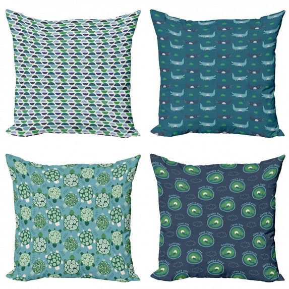 Ambesonne Reptile Throw Pillow Cover 4 Pack, Gator Turtle and Half Round, 20", Green and Blue