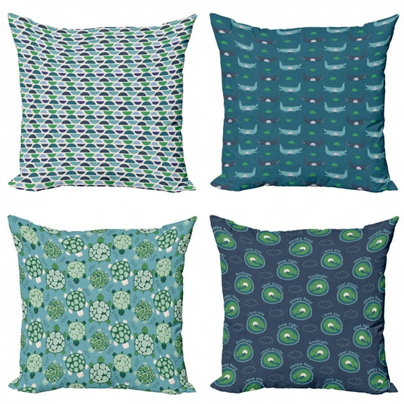 Ambesonne Reptile Throw Pillow Cover 4 Pack, Gator Turtle and Half Round, 16", Green and Blue