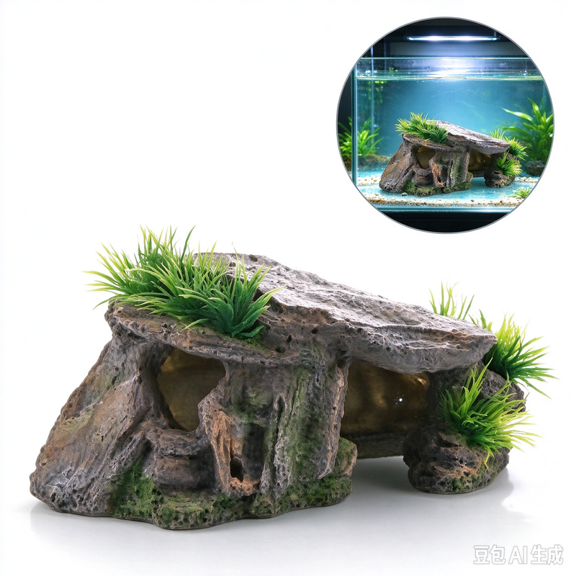 Reptile Turtle Hide Rock Cave with Aquatic Plants, Resin Hiding Cave for Aquarium Fish Tank Decor, Moss Log Ornament Shelter for Betta Shrimp Frog Newt, Basking Platform Half Submersible