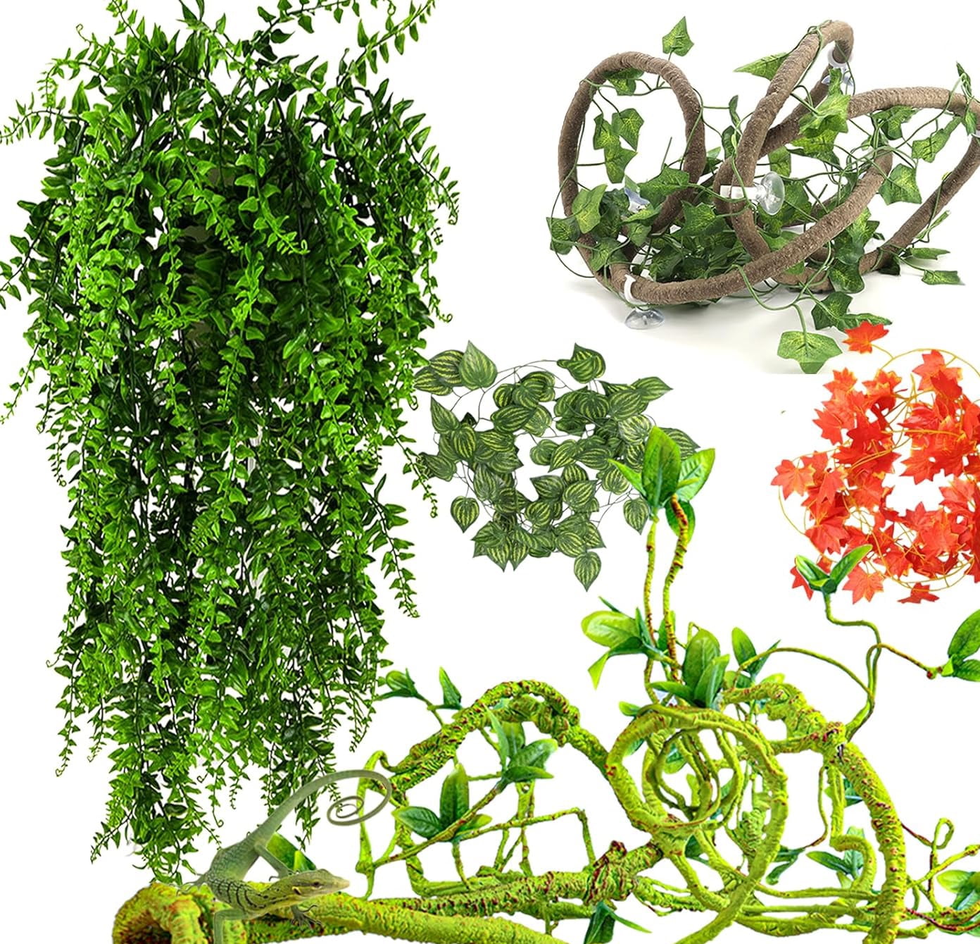 Reptile Vines Plants for Terrarium, Flexible Jungle Climbing Branch with Leaves Tank Decor for Snakes Bearded Dragons Geckos Hermit Crabs Lizards Chameleons