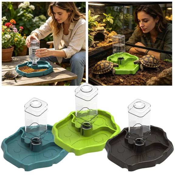 Reptile Water Dispenser & Feeder Bowl 2-in-1 Automatic Waterer with Built-in Reservoir Plastic Food Water Dish for Turtle Lizard Gecko Terrarium