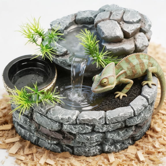 Reptile Water Dispenser with Food Dish, Terrarium Reptile Waterfall Drinking Fountain, Automatic Drinking Waterer for Chameleon, Crested Gecko, Lizard and Frog 550ML