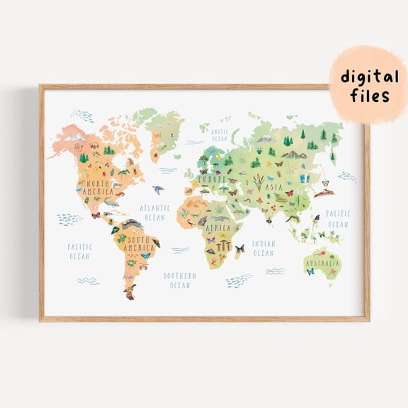 Reptiles Amphibians Insects Around The World Educational Map Rainbow Watercolor Nature Lover Print Toddler Room Wall Art
