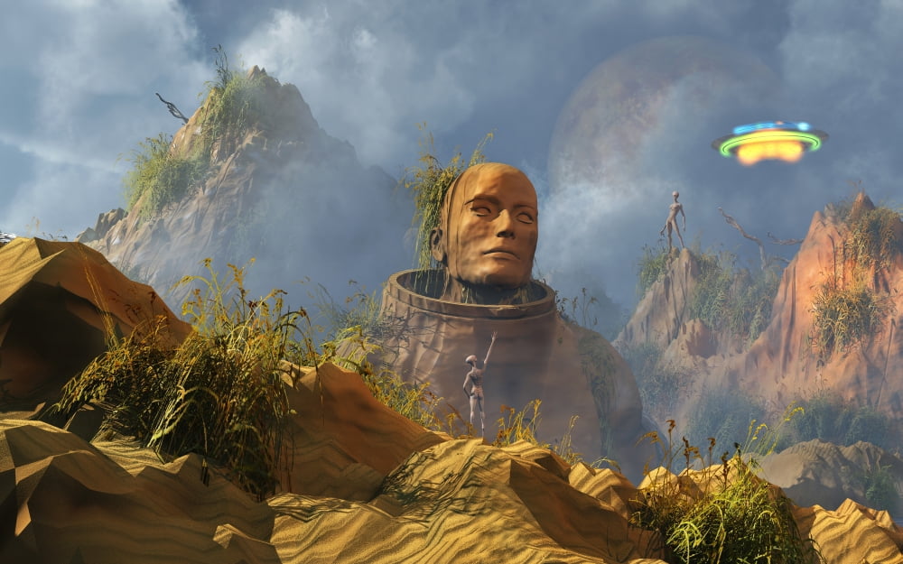 Reptoid aliens discover a statue of a humanoid being Canvas Art - Mark StevensonStocktrek Images (36 x 23)