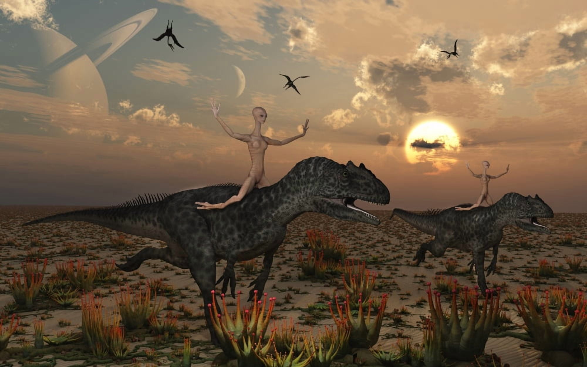 Reptoids race Allosaurus dinosaurs across the desert Canvas Art - Mark StevensonStocktrek Images (18 x 12)