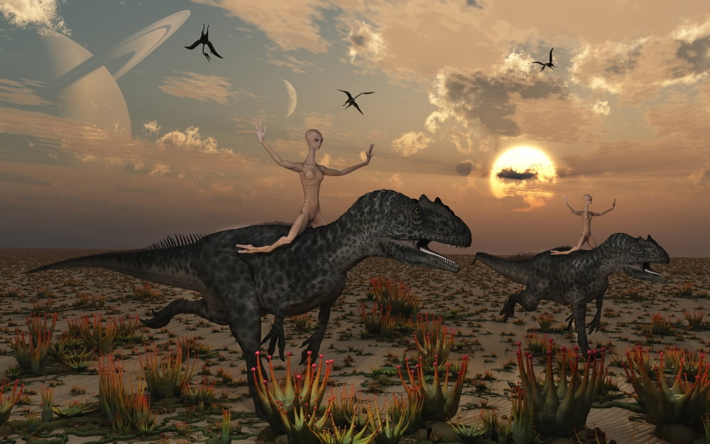 Reptoids race Allosaurus dinosaurs across the desert Canvas Art - Mark StevensonStocktrek Images (36 x 23)