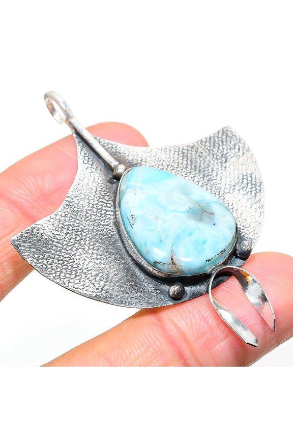 Republic Larimar Gemstone Handmade 925 Sterling Silver Jewelry Pendant 2.68"