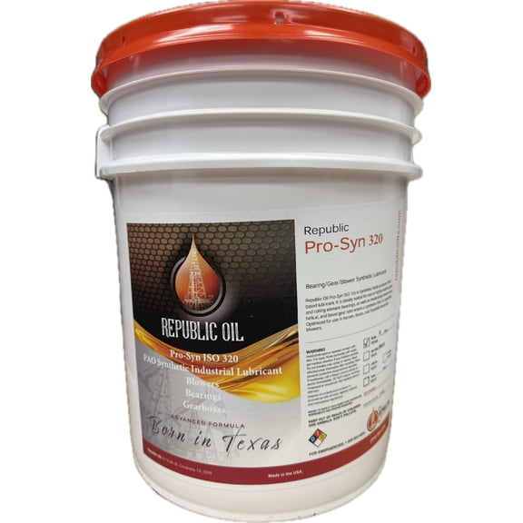 Republic Oil Pro-Syn PAO Synthetic EP320 Industrial Bearing, Gear, Blower Oil ISO 320 Industrial Lubricant 5 Gallon Pail/Bucket. Compares to SHC 320 HiperSYN Morlina S4 B 320 Syncon R&O Alphasyn