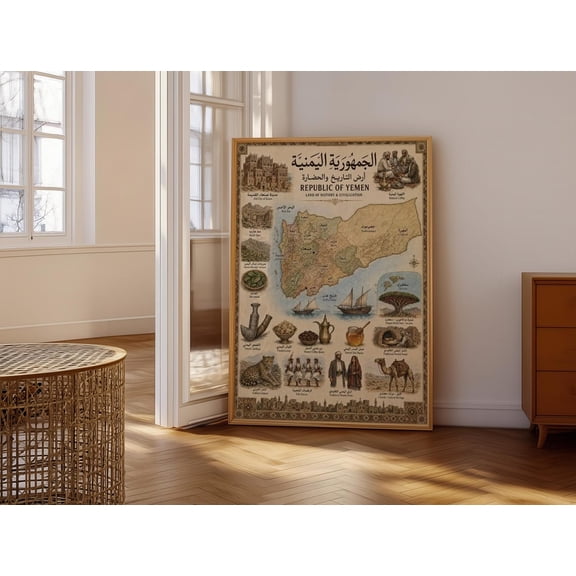 Republic of Yemen Historical Map Land of History and Civilization Vintage Style Wall Art Cultural Heritage and Geography Poster
