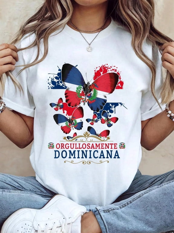 Butterfly For Women & Dominican Flag T-Shirt1224 Print T-Shirt Casual Crew Neck Short Sleeve Comfort Tee Top For Spring & Summer Women's Clothing