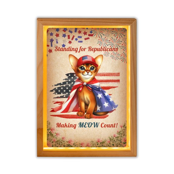 Republican Abyssinian Making Meow Count Election 2024 Acrylic Plaque with Wood Photo Frame Box Cat Lover Kitten Owner Gifts Light Box - 01002