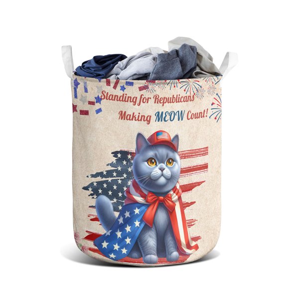 Republican British Shorthair Making Meow Count Election 2024 Foldable Laundry Basket Cat Lover Kitten Owner Gifts Organizer Storage with Handles - 01002