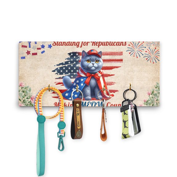 Republican British Shorthair Making Meow Count Election 2024 Wood Key Holder Cat Lover Kitten Owner Gifts Wall-mounted Key Rack Home Decor - 01002