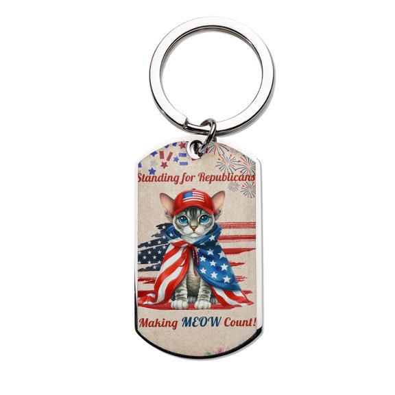 Republican Devon Rex Making Meow Count Election 2024 Stainless Steel Keychain Cat Lover Kitten Owner Gifts Collar Charm Tag Keyring - 01002