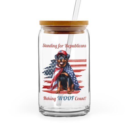 Republican Rottweiler Making Woof Count Election 2024 16oz Glass Cup Mug Rottie Dog Lover Gifts Idea Glass Can with Bamboo Lid and Straw - 01002