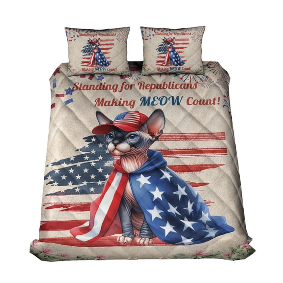 Republican Sphynx Making Meow Count Election 2024 Quilt Bedding Set Cat Lover Kitten Owner Gifts Idea 1 Blanket Bed Cover 2 Pillowcases - 01002