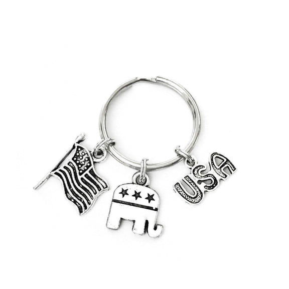 Republican themed keychain. Republican Elephant Symbol, American Flag, and USA w/Stars Charms. GOP Conservative Right Wing Political gift.
